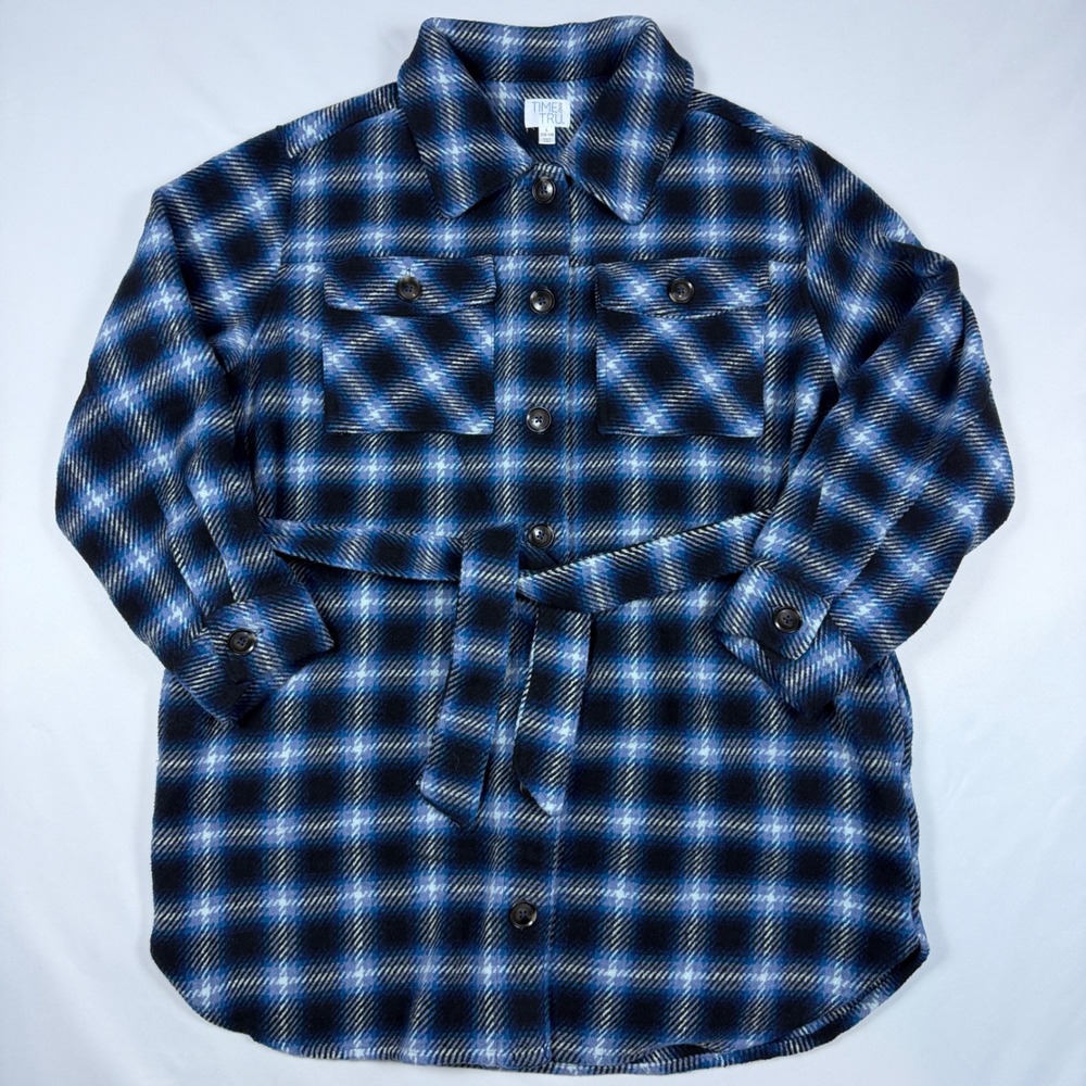 Time and Tru Belted Shacket Women Large Blue Black Plaid Wool Blend Button Front